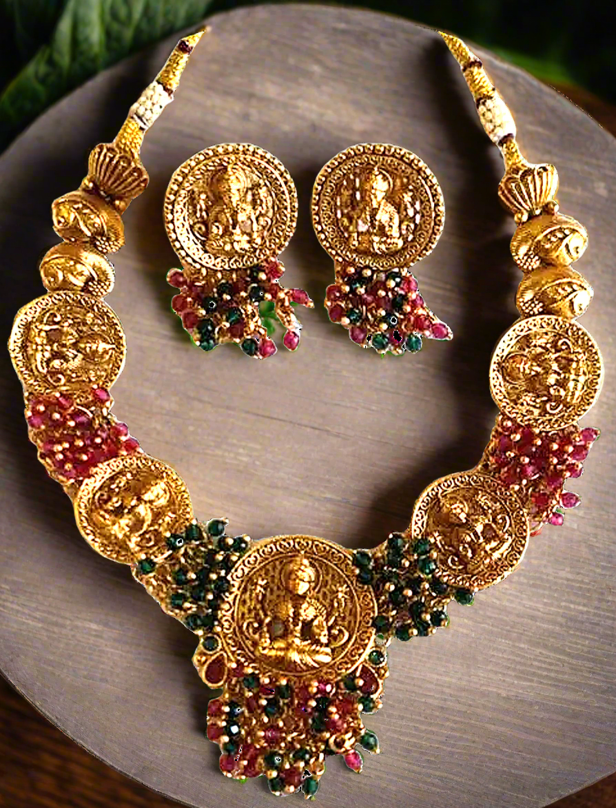 Red and Green Temple Design 1 Gram Gold Plated Necklace Set