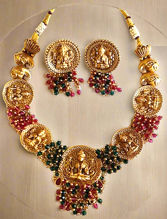 Red and Green Temple Design 1 Gram Gold Plated Necklace Set