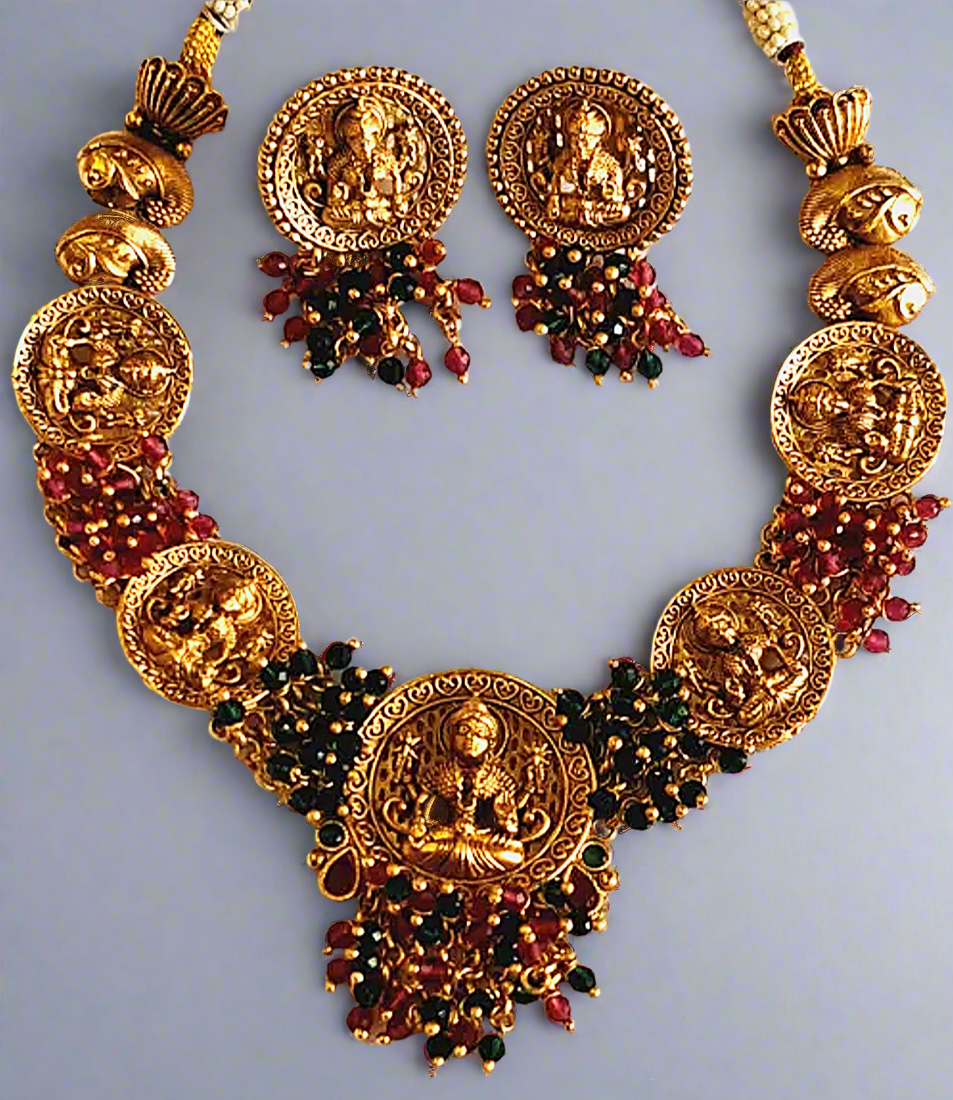 Red and Green Temple Design 1 Gram Gold Plated Necklace Set