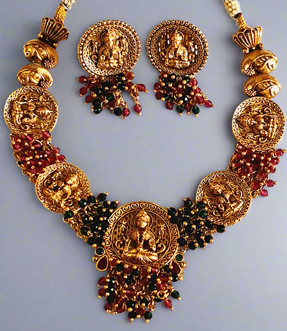 Red and Green Temple Design 1 Gram Gold Plated Necklace Set