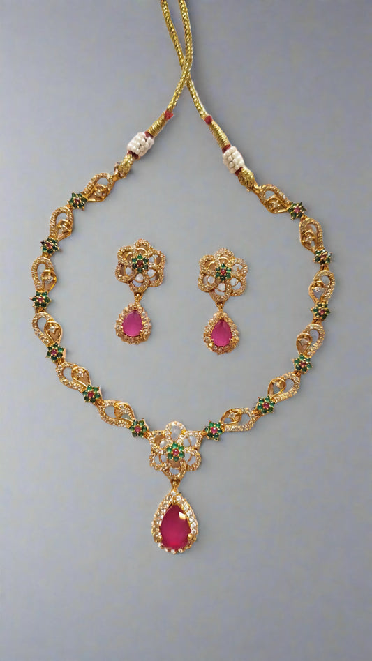 Pink Ruby| Green Stones| American Diamonds Necklace Set