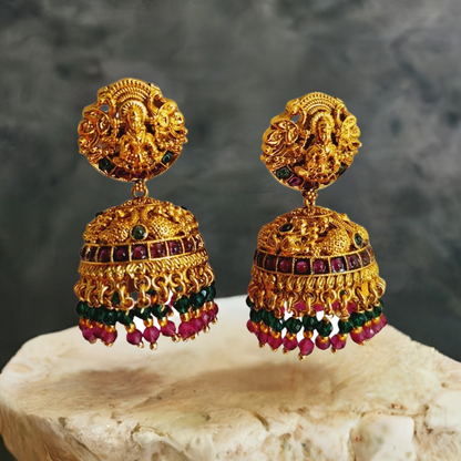 Gold Pink Green Stone Temple design Earring