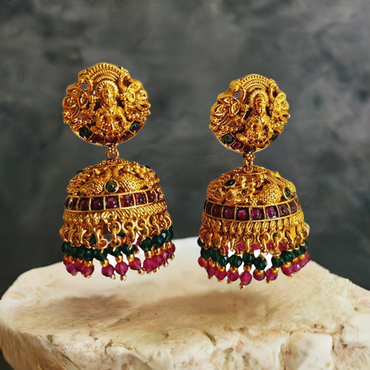 Gold Pink Green Stone Temple design Earring