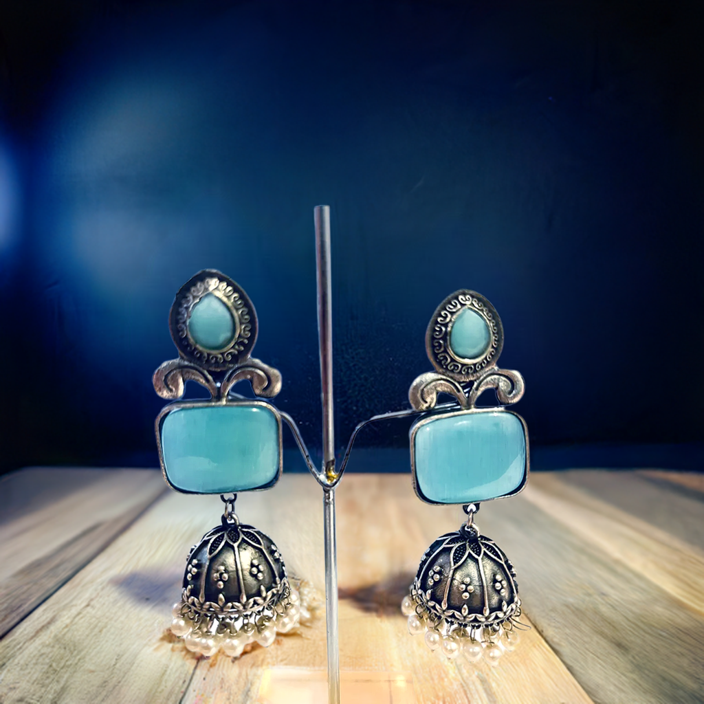 Turquoise Blue Stone Oxidized Silver Jhumka | Earring