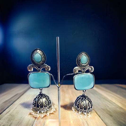 Turquoise Blue Stone Oxidized Silver Jhumka | Earring