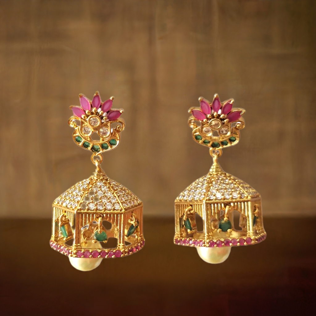 Ruby Pink And Green Gold Plated Beautiful Mahal Jhumki Earring