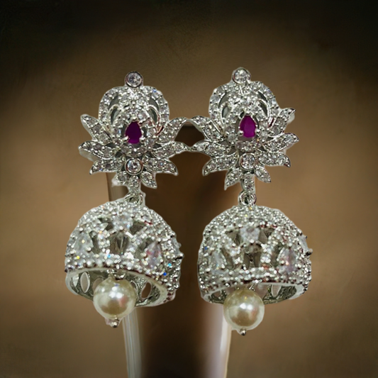 Pink Ruby American Diamond Silver Jhumki Earrings