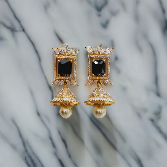 Luxurious Black Stone Earrings Featuring Dazzling American Diamonds