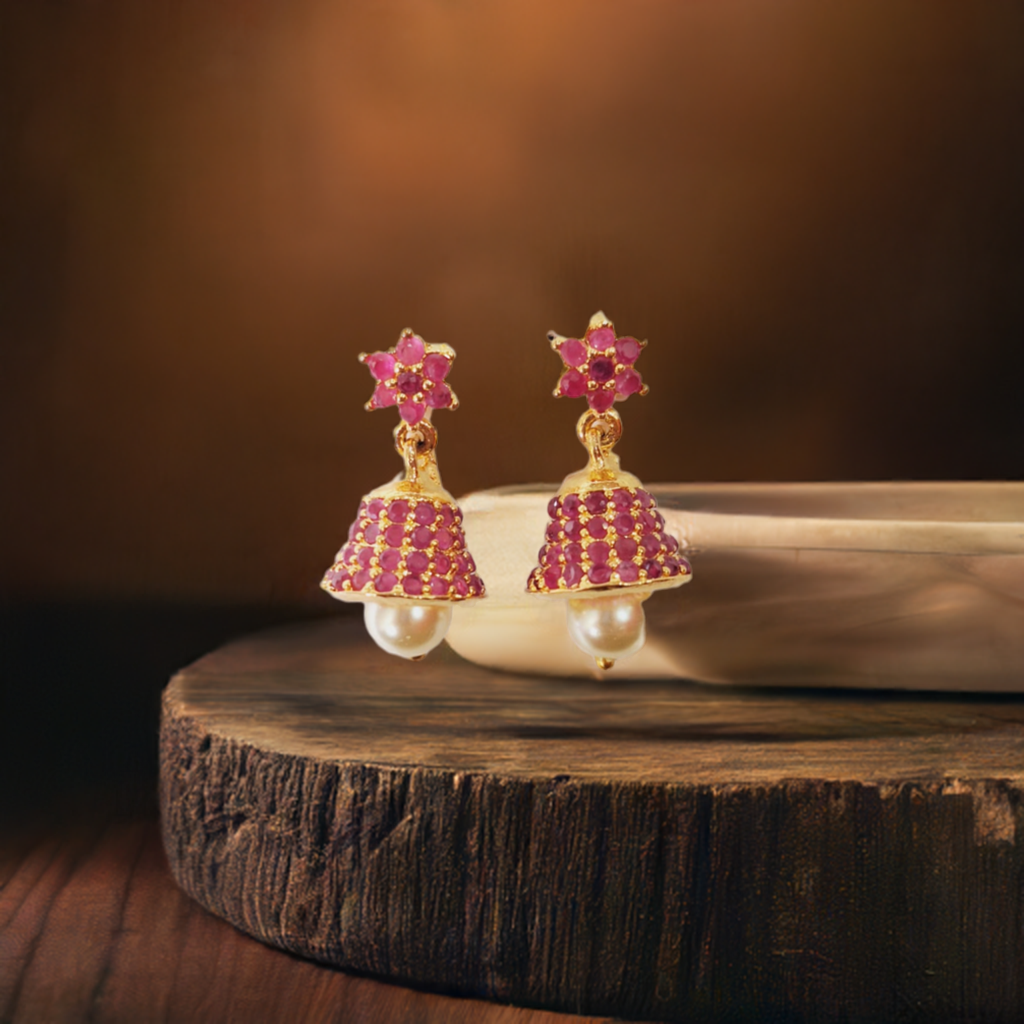 Gold-Plated Pink Ruby Stone with Pearl Jhumka Earrings