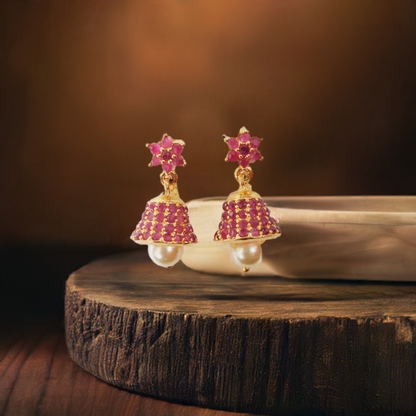 Gold-Plated Pink Ruby Stone with Pearl Jhumka Earrings