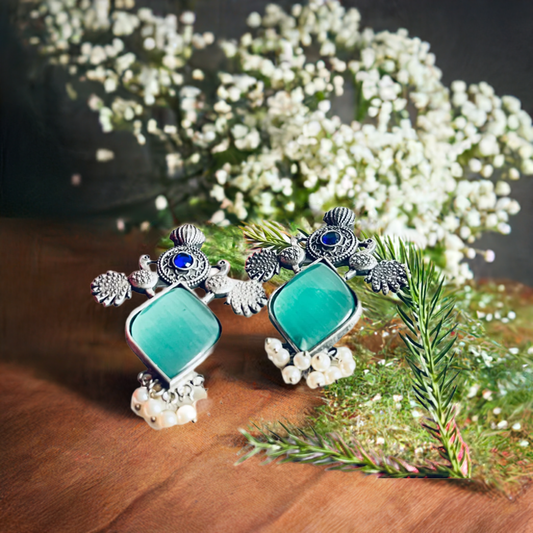 Light Green Stone Pearl Oxidized Silver Stud Earrings