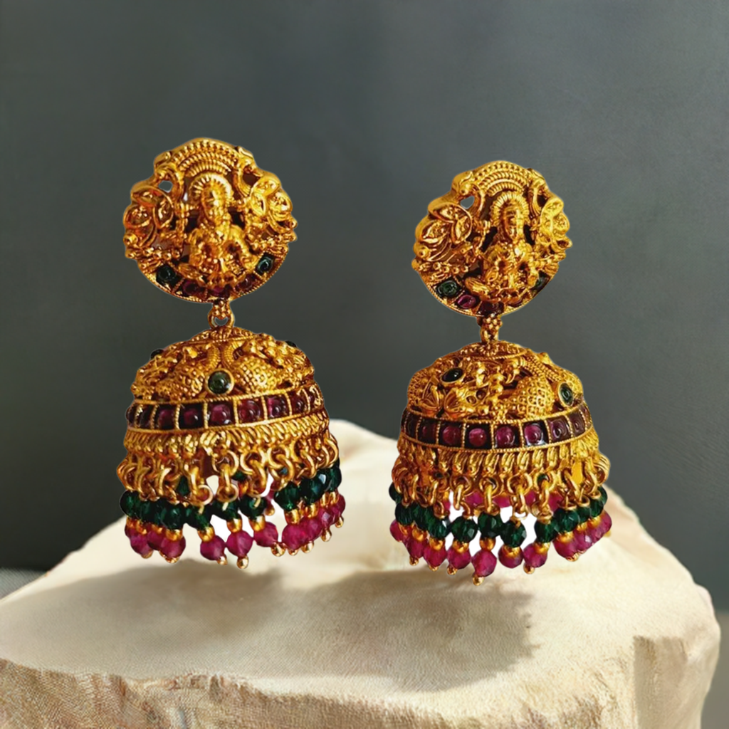 Gold Pink Green Stone Temple design Earring