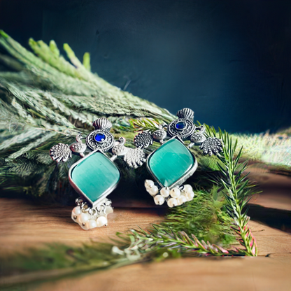 Light Green Stone Pearl Oxidized Silver Stud Earrings