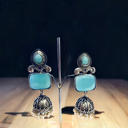 Turquoise Blue Stone Oxidized Silver Jhumka | Earring