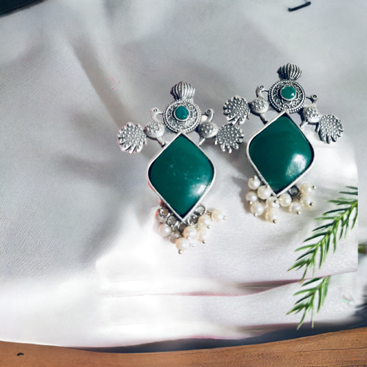 Green Stone Pearl Oxidized Silver Stud Earrings