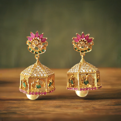 Ruby Pink And Green Gold Plated Beautiful Mahal Jhumki Earring