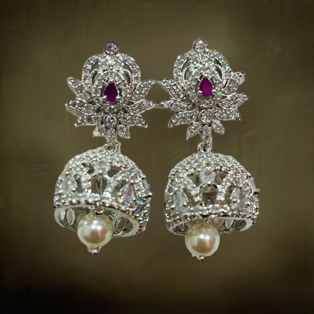 Pink Ruby American Diamond Silver Jhumki Earrings