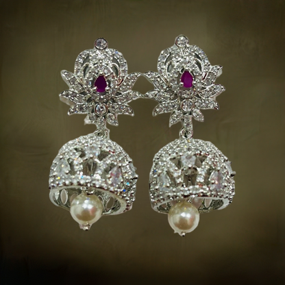 Pink Ruby American Diamond Silver Jhumki Earrings