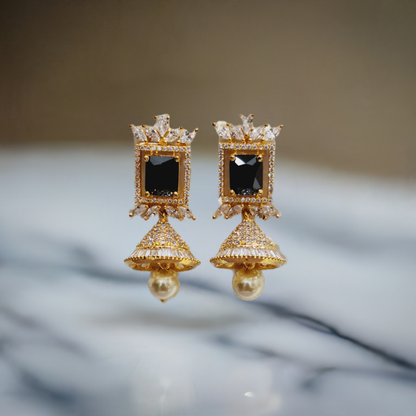 Luxurious Black Stone Earrings Featuring Dazzling American Diamonds