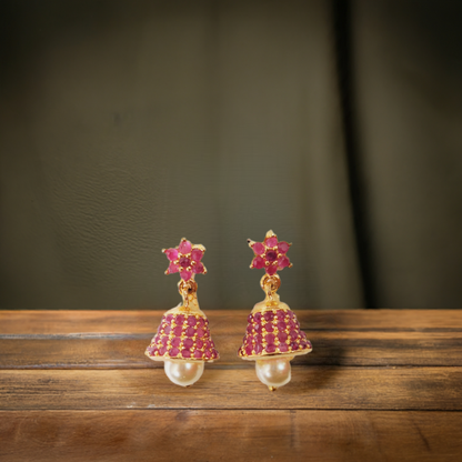 Gold-Plated Pink Ruby Stone with Pearl Jhumka Earrings