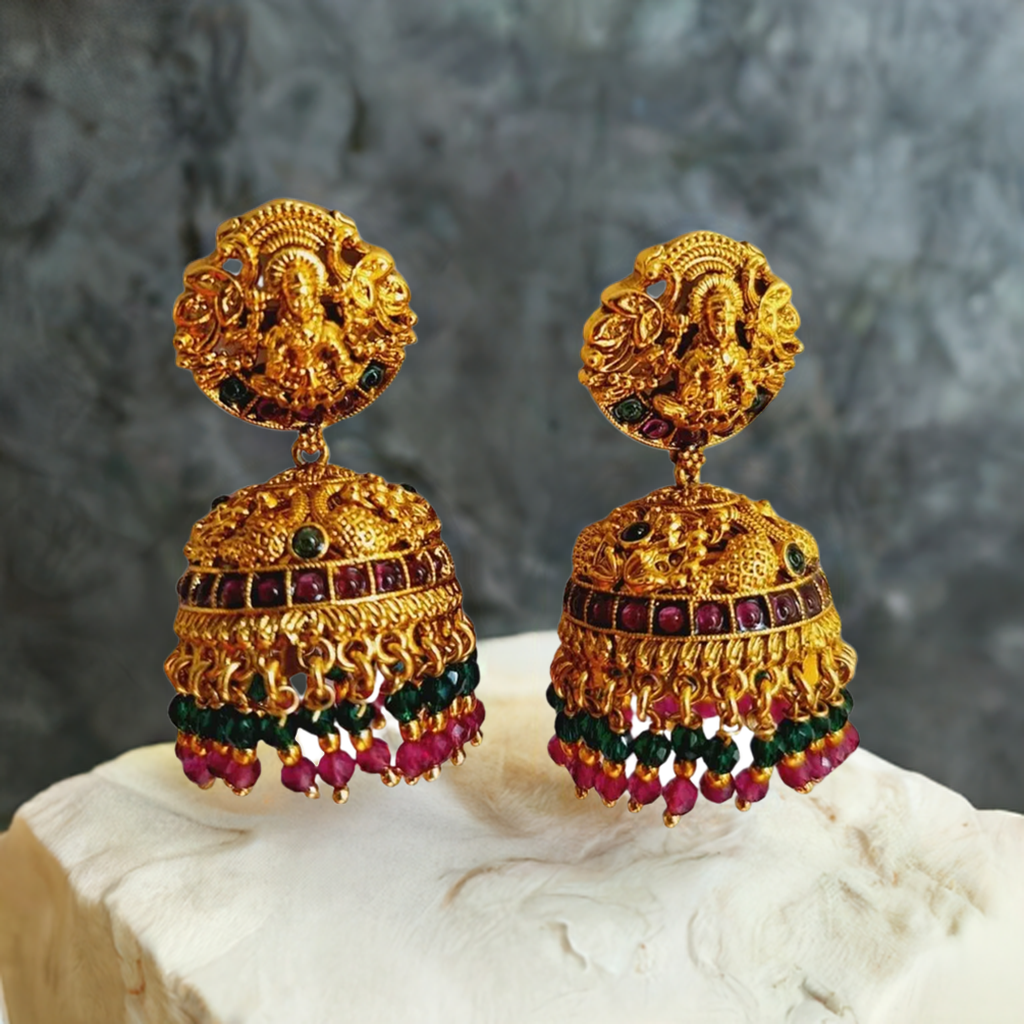 Gold Pink Green Stone Temple design Earring