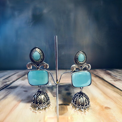 Turquoise Blue Stone Oxidized Silver Jhumka | Earring