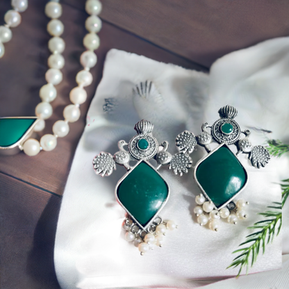 Green Stone Pearl Oxidized Silver Stud Earrings