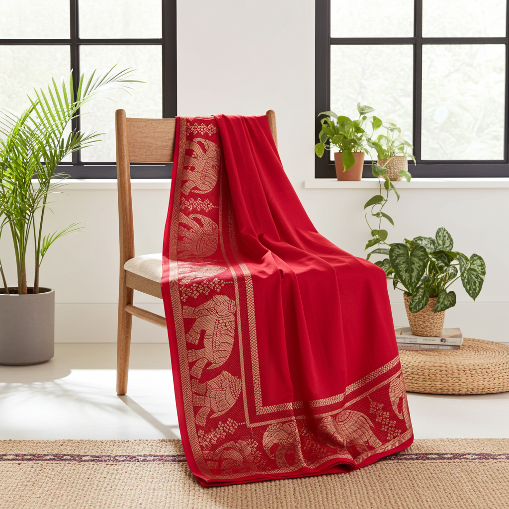 Elegant Red Viscose Silk Saree crafted from premium 120 GSM fabric