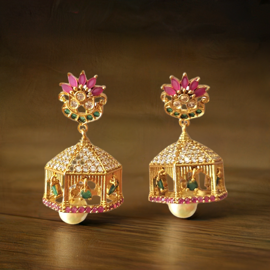 Ruby Pink And Green Gold Plated Beautiful Mahal Jhumki Earring