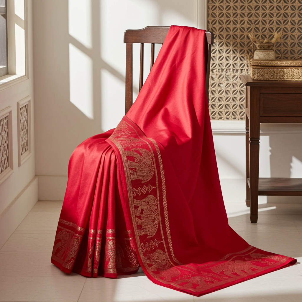 Elegant Red Viscose Silk Saree crafted from premium 120 GSM fabric