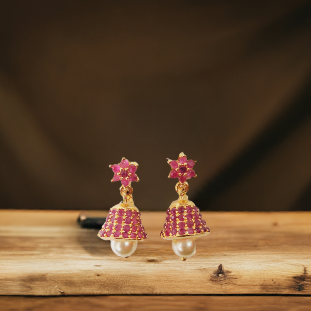 Gold-Plated Pink Ruby Stone with Pearl Jhumka Earrings