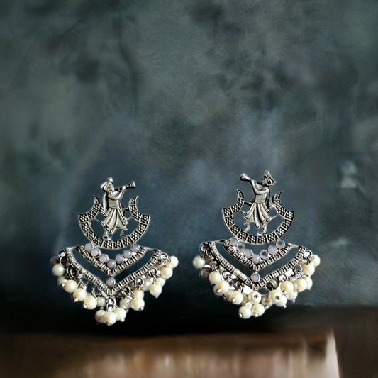 White Glass Stones Embedded Wedding Shehnai Brass Earrings