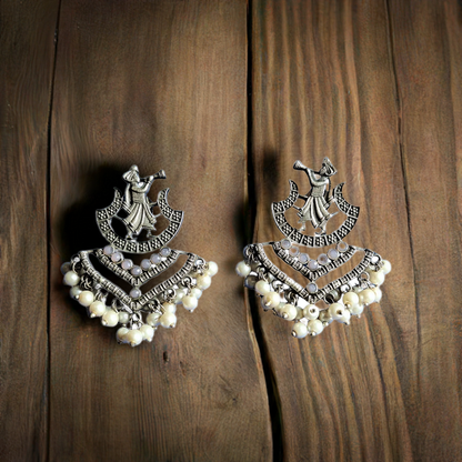 White Glass Stones Embedded Wedding Shehnai Brass Earrings