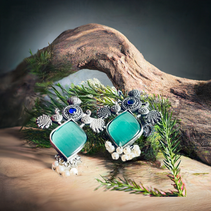 Light Green Stone Pearl Oxidized Silver Stud Earrings