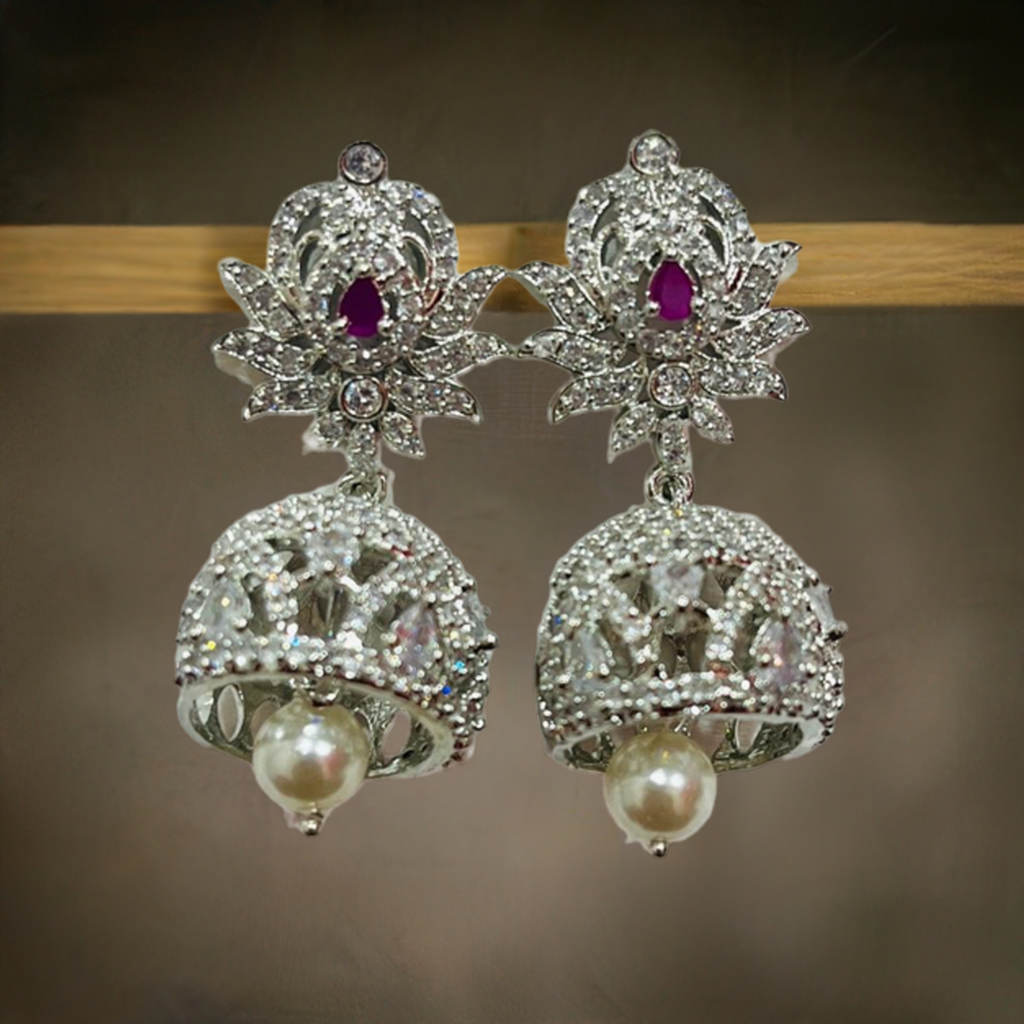 Pink Ruby American Diamond Silver Jhumki Earrings