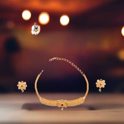 Ruby and Green Color 1Gram Gold Plated American Dimond Choker Necklace Set