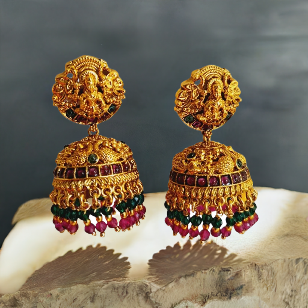 Gold Pink Green Stone Temple design Earring
