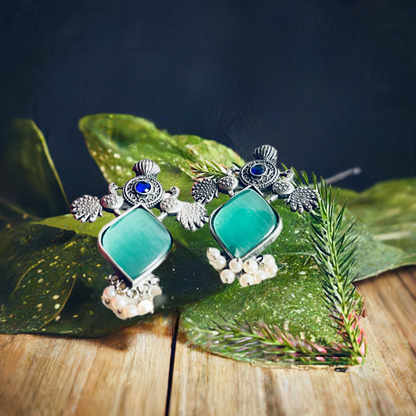 Light Green Stone Pearl Oxidized Silver Stud Earrings