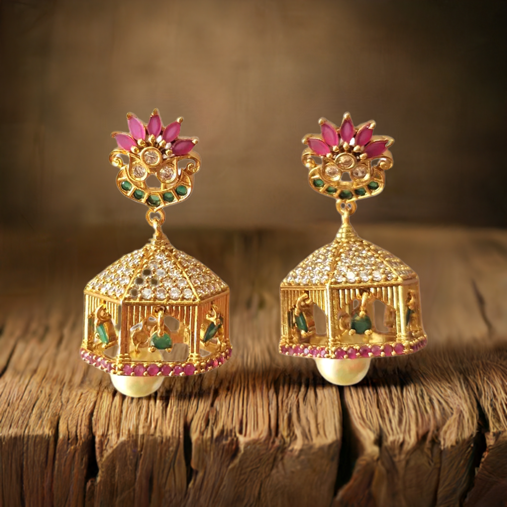 Ruby Pink And Green Gold Plated Beautiful Mahal Jhumki Earring