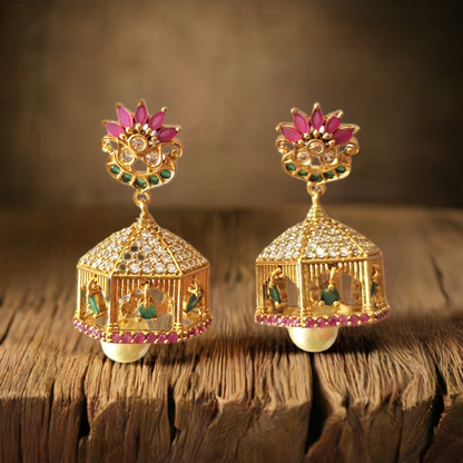 Ruby Pink And Green Gold Plated Beautiful Mahal Jhumki Earring