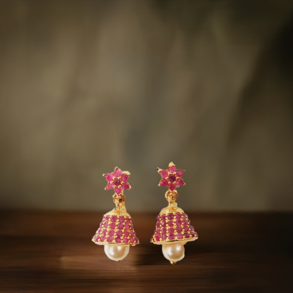 Gold-Plated Pink Ruby Stone with Pearl Jhumka Earrings