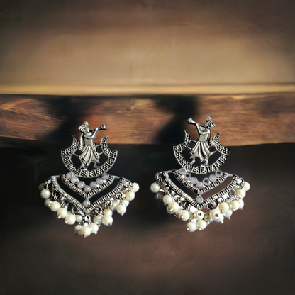 White Glass Stones Embedded Wedding Shehnai Brass Earrings