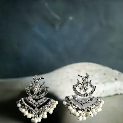 White Glass Stones Embedded Wedding Shehnai Brass Earrings