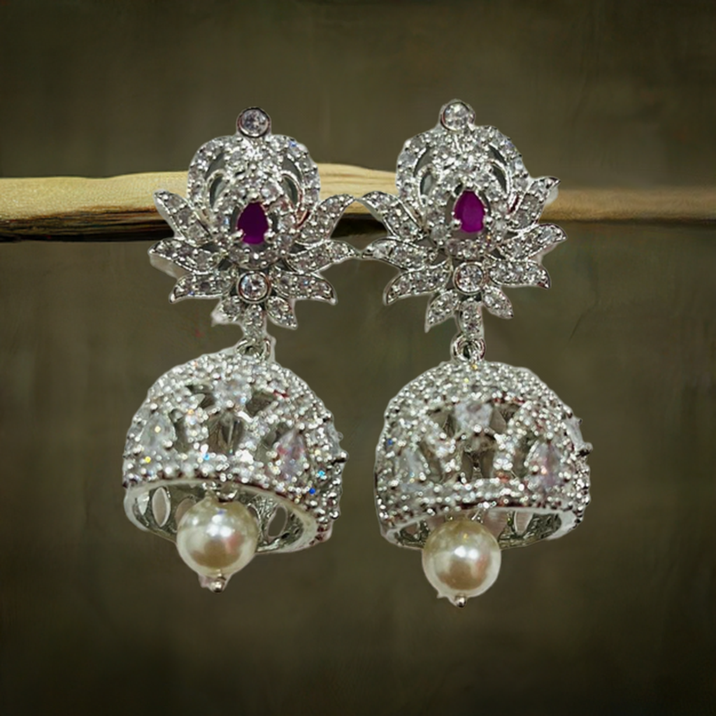 Pink Ruby American Diamond Silver Jhumki Earrings