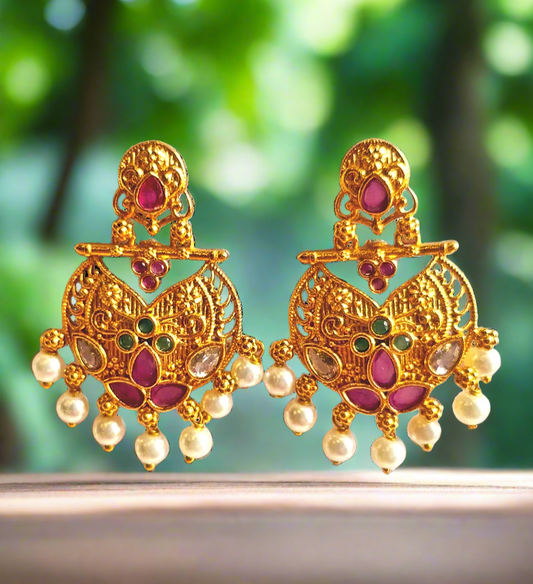 Pink Green Ruby 1.5 Gram Gold Plated Hanging Earrings