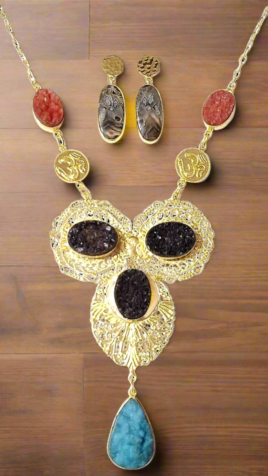 Marble Raw Stone Gold Plated Brass Necklace Set