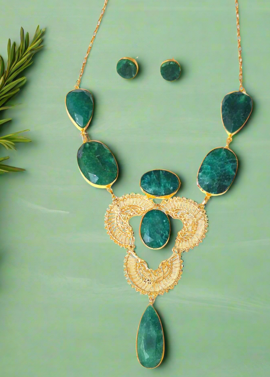 Green Marble Stone Brass Gold Plated Long Necklace Set With Ring