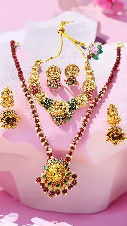 Elegant Red and Green Color Temple Design Necklace Set Combo Set for Women – Traditional Indian Bridal Jewelry