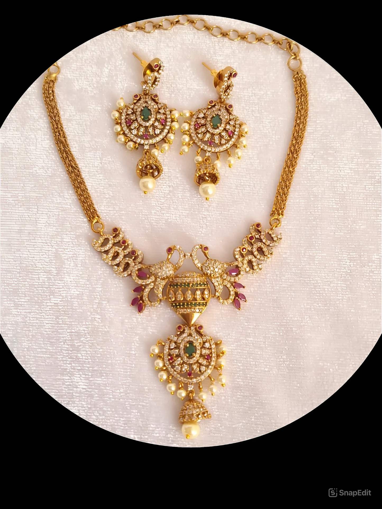 Peacock Pink Green Ruby 1.5 Gram Gold Plated Choker Necklace Set