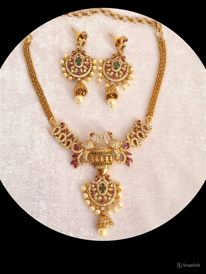 Peacock Pink Green Ruby 1.5 Gram Gold Plated Choker Necklace Set